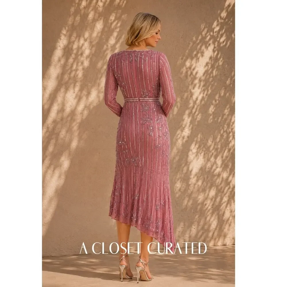 Mac Duggal Long Sleeve Embellished Tea Length Dress 20 Pink NWT Style 93627